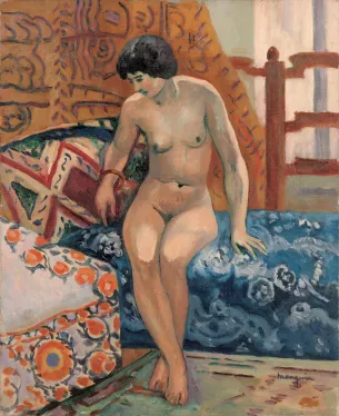 femme nue canapé bleu peinture