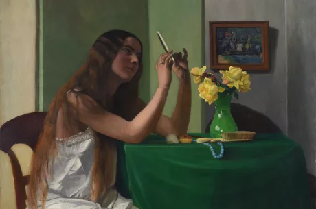 femme miroir fond vert peinture