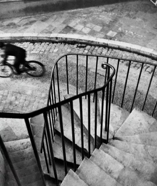 photograph biclycle staircase black and white